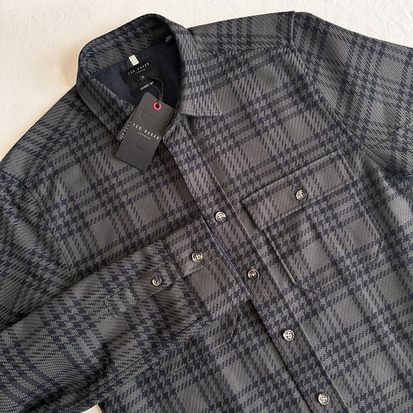NWT $195 Ted Baker Mens Sz 3 M Heavy Textured  L/S Over Shirt Dark Green Plaid - Picture 1 of 8